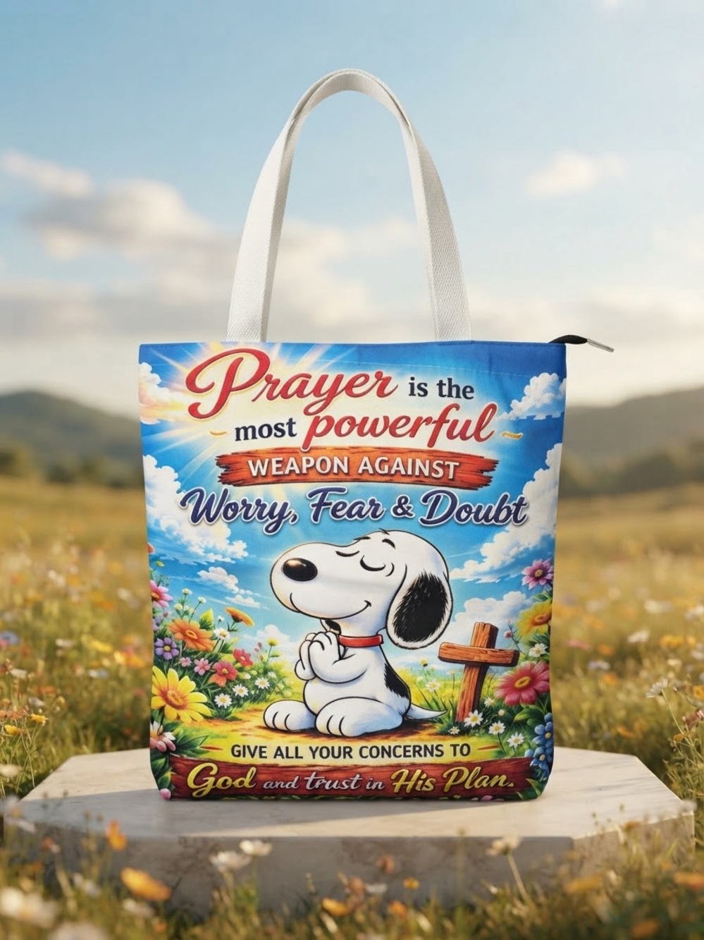 Blue Snoopy Prayer Tote Bag - Inspirational Women’s Shoulder Bag